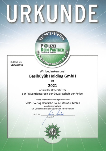 Die Basibüyük Holding GmbH ist 2021 offizieller Unterstützer der Präventionsarbeit der Gewerkschaft der Polizei.
